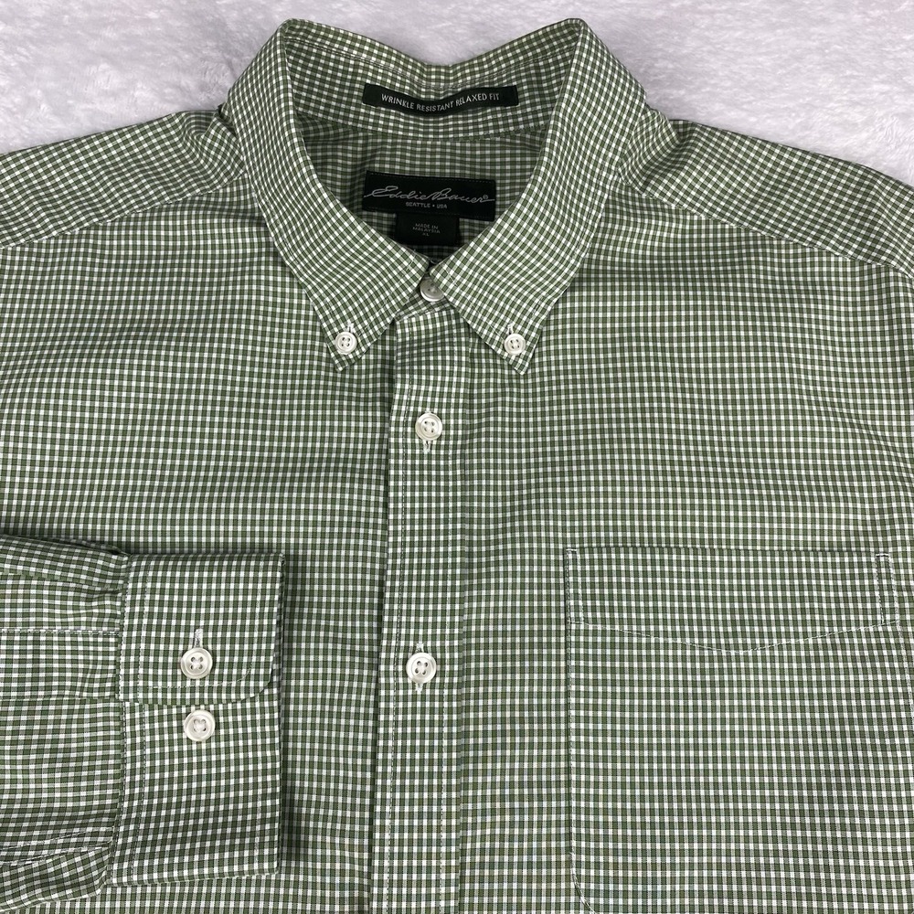 Eddie Bauer Shirt Mens XL Green Checks Wrinkle Free Relaxed Fit
